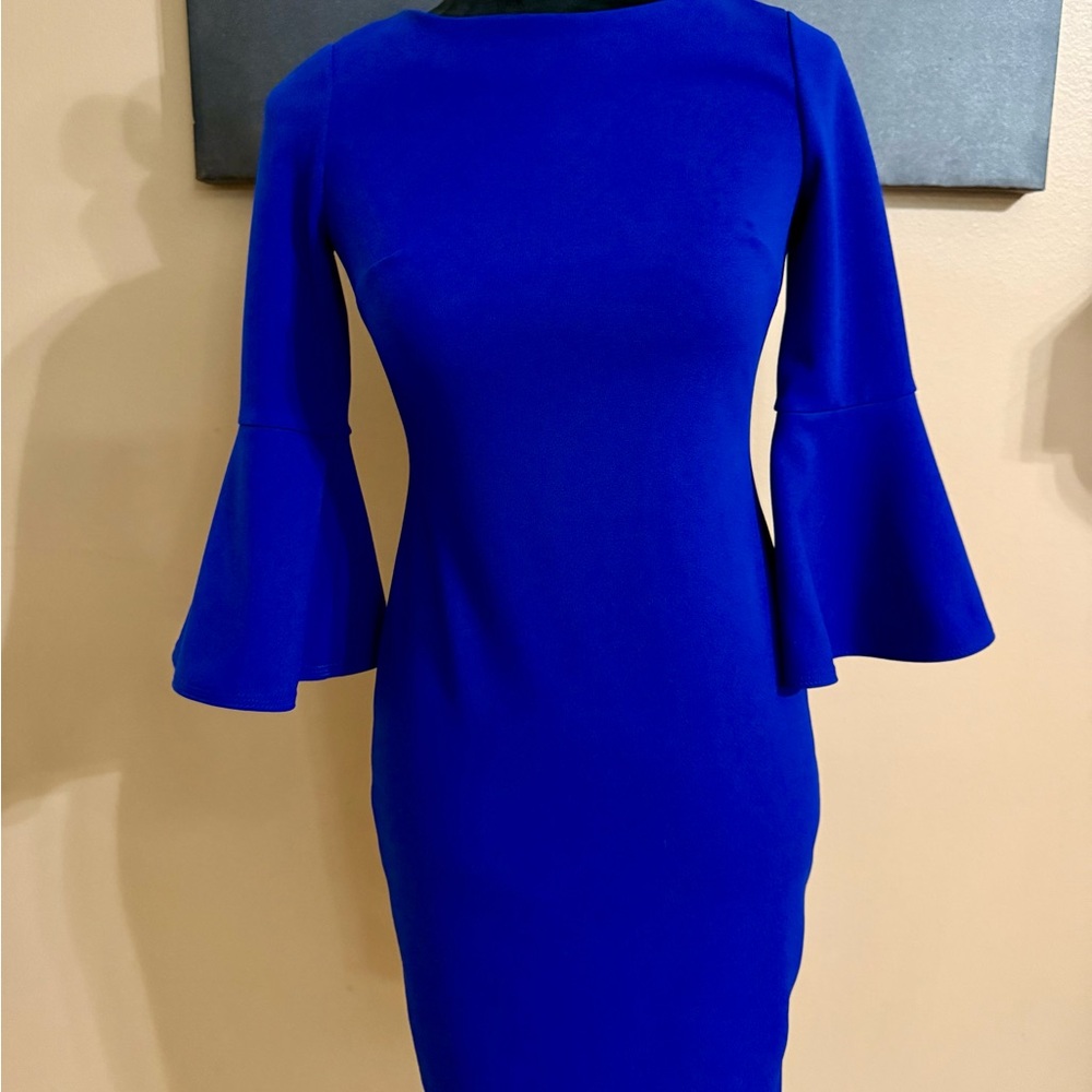 Calvin Klein Blue Sheath Dress with Bell Sleeves